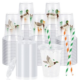 JarThenaAMCS 50Pcs Mallard Duck Plastic Cups with Lids Straws One Lucky Duck Clear Plastic Cups 12oz Disposable Cups for Duck Hunting Party Supplies