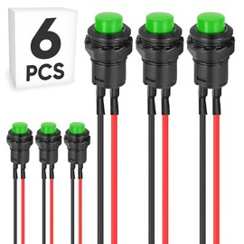 6-Pack 12mm Momentary Push Button Switch with Wire SPST ON/Off AC 250V/1.5A 125V/3A, Mini Round Rocker Switch for Car Trumpet, PC, Table Lamp, Home Doorbell, Green