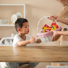 Traditional White Round Willow Gift Basket with Pink and White Gingham Liner and Sturdy Foldable Handles, Food Snacks Storage Basket, Set of 3