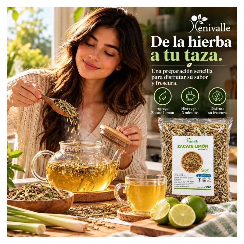 Xenivalle Zacate Limon 500g Natural para Infusiones, Ts, Mezclas Herbales