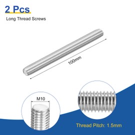 sourcing map M10x100mm Fully All Threaded Rod, 2Pcs 316 Stainless Steel Long Threaded Screw 1.5mm Thread Pitch Right Hand Threads for Furniture Mounting Assembly Fastening