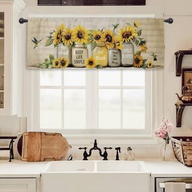 Miyotaa Sunflower Hummingbird Kitchen Curtain Valance 54W x 18H Rod Pocket Farmhouse Rustic Plant Vintage Inspirational Window Treatment for Living Room Bedroom Bathroom