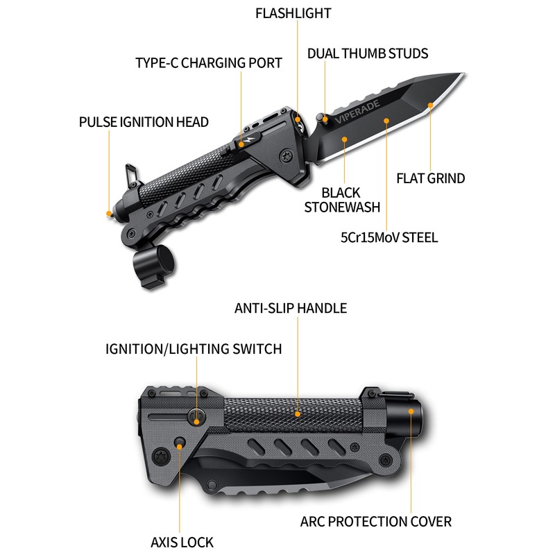 VIPERADE VAK6 Survival Multitool with Folding Knife, LED Flashlight, Pulse