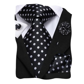 Hi-Tie Mens Tie Lapel Pin Set Pocket Square Cufflinks Woven Silk Ties for Men Wedding Formal,Black White Dots