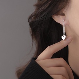 Cybche Boho Heart Chain Dangle Earrings Silver Heart Drop Earrings Heart Ear Jacket Earrings Love Heart Earrings Heart Chain Tassel Earrings Jewellery for Women, Zinc, No Gemstone