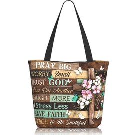 TREKTOTS Christian Tote Bag for Women, Inspirational Bible Verse & Cross Print, Faith-Based Reusable Church Grocery Bag with Zipper