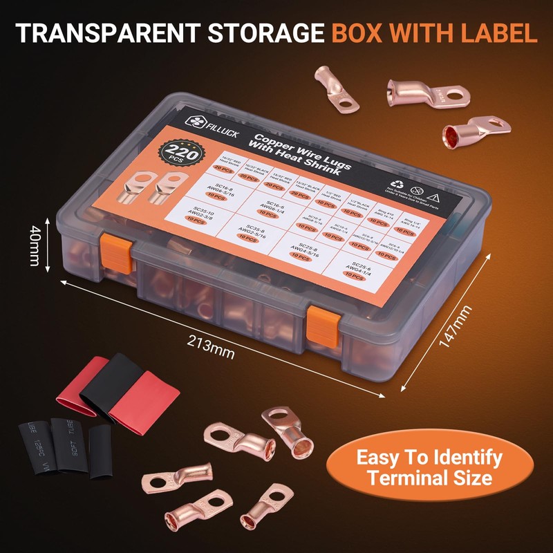 Filluck 220pcs Battery Cable Ends Kit,AWG 2/4/6/8/12 Copper Lugs,Heavy Duty