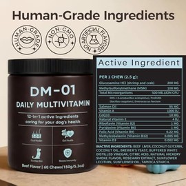 DM-01 Daily Multivitamin, Multivitamin Itch Relief Chews for Dog, with Folic Acid, Salmon Oil, Chondroitin & Natural Vitamins, Skin and Coat Healthy, Digestive & Boost Immunity, 60 Chew (Beef)