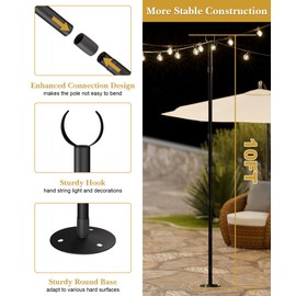 Tigerden 10Ft String Light Poles for Hard Surfaces, Outdoor Light Stand for Backyard, Garden & Patio Party Lighting, Heavy-Duty Metal Poles with Waterproof Finish, Rustproof & Adjustable, 2 Pack