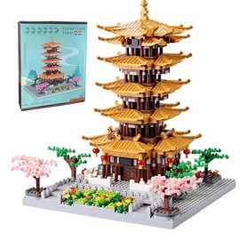 JXRLMB Juego de microbloques de construcción de arquitectura antigua china para adultos, torre de grúa amarilla con plantas de cerezo de árbol Sakura, juguetes para niños de 14 + 2200 piezas