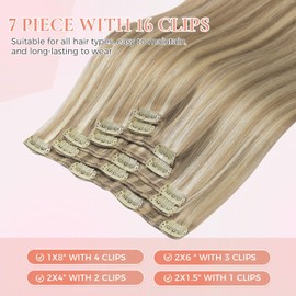 MEI YUAN LIN Clip In Human Hair Extensions Highlight Long 20 Inch Remy Human Hair Clip In Extensions Light Blonde Highlighted Golden Blonde Straight Double Weft for Daily Use 120g 7pcs