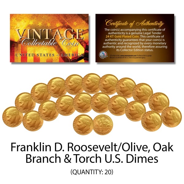 Franklin D Roosevelt 1970's U.S. DIMES Uncirculated 24KT Gold Clad