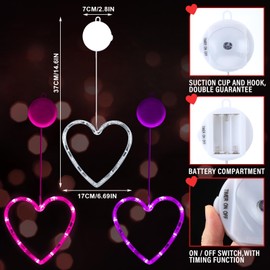 Baquler 5 Pcs Timed Valentine's Day Window Lights Hanging Red Heart Lights with Suction Cup Battery Operated Heart LED Light for Valentine's Day Anniversary Wedding Home Decor(Red,Pink,Purple)
