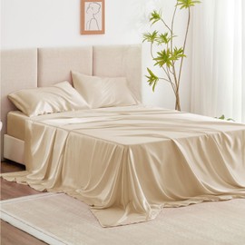 Love's cabin Full Size Satin Sheet Sets - 4 Piece Beige Silky Satin Sheet Set Full with Deep Pocket, Luxury Silk Feel Satin Bed Sheets Full Bedding Set (1 Flat Sheet,1 Fitted Sheet,2 Pillow Cases)