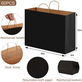 OUTUXED 60pcs 16x6x12 Inch Black Paper Bags with Handles, Kraft Large Paper Gift Bags for Business, Merchandise, Gifts, Shopping, Retail Stores, Birthday Party