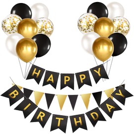 Balloons Birthday Decoration Set, Black Gold Birthday Decoration Happy Birthday Decoration Banner Party Decoration Birthday Set with Balloons Confetti Balloons Triangle Flags Garlands (BK & GD + PT)