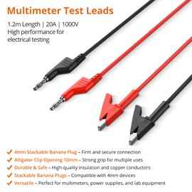 Proster Multimeter Test Leads Set 2PCS - 20A/1000V 4mm Banana Plug to Crocodile Clip Leads 1.2m/3.93ft Safety Cables Insulated Copper Conductors for Multimeters, Power Supplies & Electrical Testing