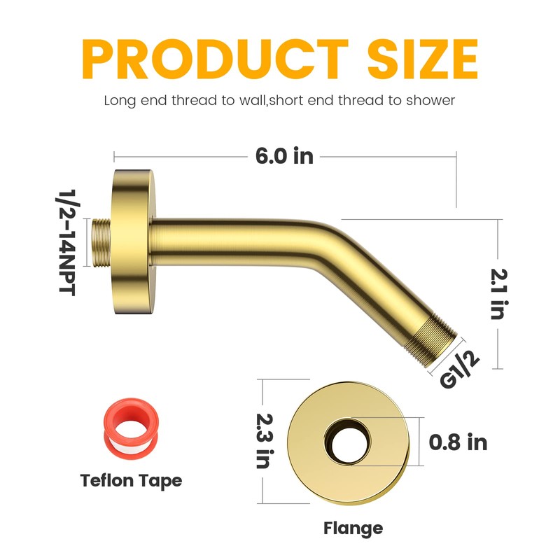 YASFEL Brushed Gold Shower Arm 6" Shower Extension Arm Pipe