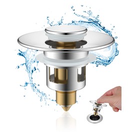 Hibbent Sink Plug Suitable for 25mm to 46mm, Pop up Sink Plugs with Drain Strainer, Brass Bounce Core Push-Type Drain Plug, Universal Sink Stopper Replacement for Bathroom and Kitchen,Chrome