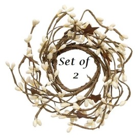 Unbranded NEW PRIMITIVE Farmhouse Berry Wreath Candle Rings 2pc Rust Stars 2" IVORY Pips