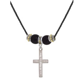 Delight Jewelry Stainless Steel Philippians 4:13 - I Can Do All Things Engraved Cross - Two-tone Cross Black Beaded Necklace, 18"+2"