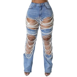 DINGANG Women's Cut Out Straight Leg Ripped Jeans with Rhinestones Pearl Bling Distressed Stretchy Denim Pants Blue