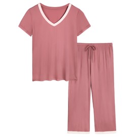 Joyaria Womens Pajama Sets Short Sleeve Capri Pants Soft Bamboo Viscose 2 Pieces Sleepwear Lounge Set(Old Rose,Small)