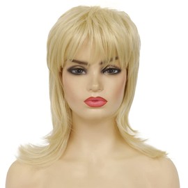 Kaneles Blonde Mullet Wigs for Women Layered Curly Hair with Bangs Shoulder Length Synthetit Replacement Wig 70s 80s Costume Cosplay Party Wig (Blonde)