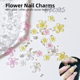 DAGEDA 6 Boxes Flower Nail Charms, 3D Acrylic Colorful Cherry Blossom Nail Decals With Metal Beads, DIY Jewelry Decoration Nail Art Supplies, Nail Accessories for Women Girls (Shimmer Glitter Flower)