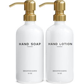 Luxury Glass Soap and Lotion Dispenser Set by Brighter Barns - Liquid Soap Dispenser Bathroom Set - White and Gold Bathroom Accessories for Vacation Rental, Airbnb, Hotel, Wedding Gift (Gold)