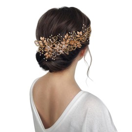 JHOO Bridal Wedding Flower & Leaf Rhinestone Hair Piece – Handcrafted Alloy Crystal Hair Accessory for Brides & Bridesmaids HP282 (Gold color, One Size)