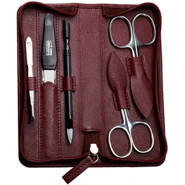 Sonnenschein by Hans Kniebes 5 Piece Leather Manicure Case - Nail Scissors, Cuticle Scissors, Tweezers, File, Hoof Stick - Bordeaux