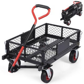 Heavy Duty Steel Garden Dump Cart,Meatl Utility Wagon with Removable Sides & 180° Rotating Handle, Utility Dump Cart with 10-Inch All Terrain Wheels for Yard Lawn and Farm