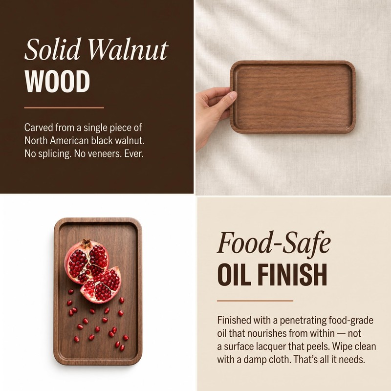 Walnut Wood Tray with Non-Slip Feet, 10 x 6 Inch