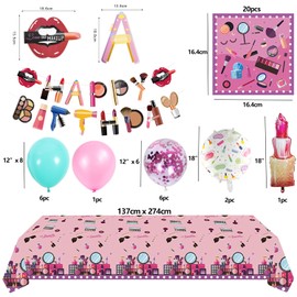 Girls' Makeup Theme Birthday Party Decoration Set, Includes Birthday Banner, Tablecloth, Pink & Blue, Confetti Balloons, and Lipstick & Makeup Balloons – Decorations for Girls' Birthday Celebration