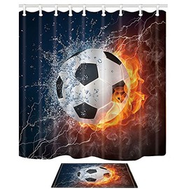 Shocur Sports Shower Curtain Set, Soccer Ball on Fire and Water Splashing Flame Lightning, Boy Football Bathroom Decor Polyester Fabric 72 x 72 Inches with Hooks and Non-Slip 15 x 23 Inches Bath Rug