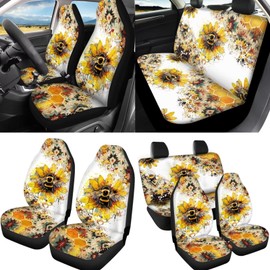 FUIBENG Bee Car Seat Covers 12Pcs Sunflower Bee Auto Seat Protection Accessories Full Set with 15Inch Steering Wheel Covers Seatbelt Pad Keychain Coaster Armrest Pads Vehicle Interior Set