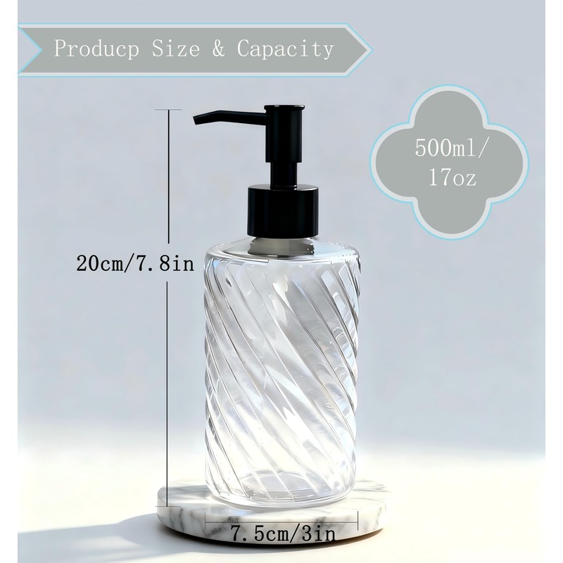 500ml/17 Oz Textured Hand Glass Soap Dispenser with Black Plastic