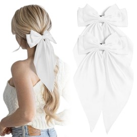 2 Pcs Large Satin Hair Bows for Women & Girls, Elegant White Ribbon Hairbows, Bow Hair Clips for Women, Perfect Hair Accessories