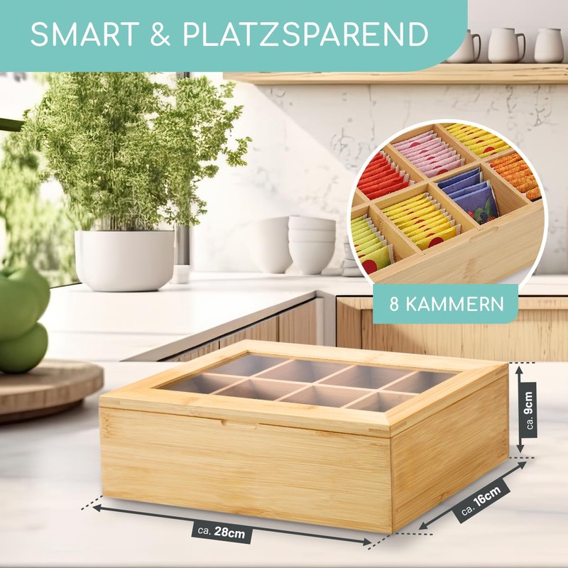 smartday Bamboo Tea Box with Viewing Window - Tea Bag