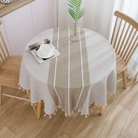 Nesrefyn Round Tablecloth 55 Inch (140cm) - Coffee Linen-Look Polyester Table Cover with Tassel Trim, Wrinkle Free & Wipeable for Dining, Kitchen, Parties