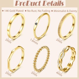 JeryWe 6PCS 14K Gold Filled Stainless Steel Stacking Rings Set for Women Minimalist Fashion Dainty Plain Thin Knuckle Stacking Midi Thumb Rings Stackable Statement Thin Band Knuckle Rings Set Size 9