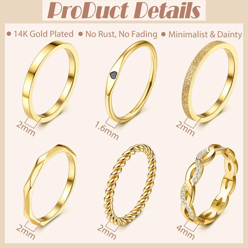 JeryWe 6PCS 14K Gold Filled Stainless Steel Stacking Rings Set