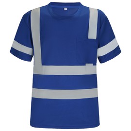 Wuple Safety Shirts for Men Construction Short Sleeve Quick Dry with Pocket Workwear, Class 3 High Visibility Shirts with Reflective Strips Blue 3XL