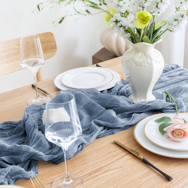 Asee'm 3pcs Cheesecloth Table Runner 120 Inches Dusty Blue Boho