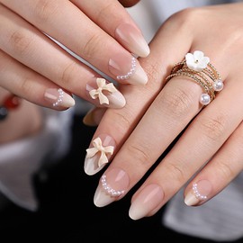 Ombre Almond Press on Nails Short Fake Nails wiht Bow Pearls Charm Designs Nude White Gradient False Nails Press ons Acrylic Full Cover Glue on Nails for Women Girls 24 Pcs