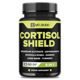 WELBUDA 8in1 Cortisol Shield - Ashwagandha and Magnesium, Rhodiola Rosea, Lions Mane, Gingsen, and 3 More - Relaxation & Restful Night Support & Mood Balance - 60 Count