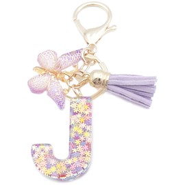 Xsclpomddy Girls Alphabet Letter Key Ring Cute Key Ring Glitter with Butterfly Tassels Resin Keychain for Bag Charm, Purple J