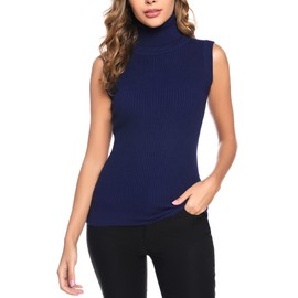 Totatuit playera sin mangas de cuello alto para mujer, cuello alto, acanalado, liso, sin mangas, Azul marino, XL