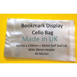 celloexpress EUROSLOT Bookmark - 65mm x 220mm Plus 30mm Header with Euroslot - 40 Micron Cellophane Clear Display Bags Self Seal - Small Cello - Pack of 250